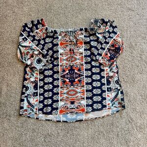 Women's Off-Shoulder Top, Long Sleeve, Navy Abstract, S, NWOT